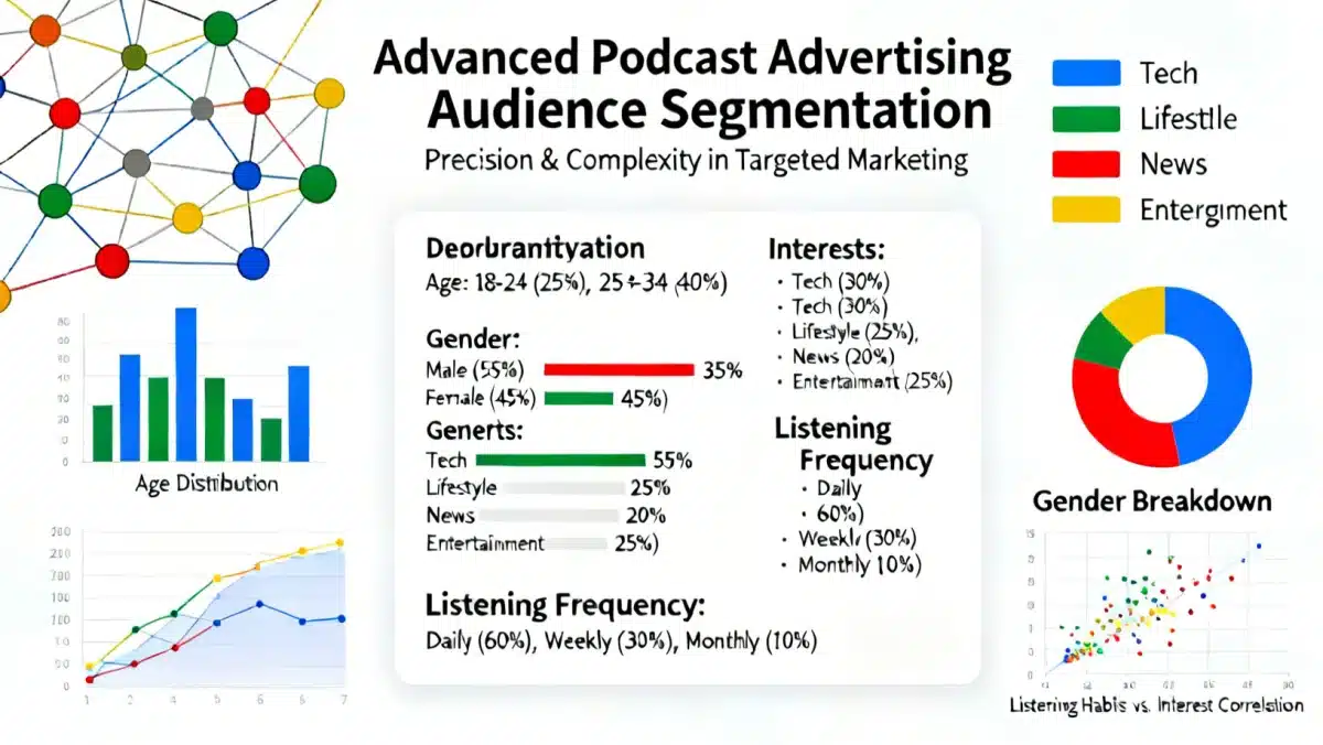 Infographic depicting advanced audience segmentation and data analysis for targeted podcast advertising strategies.