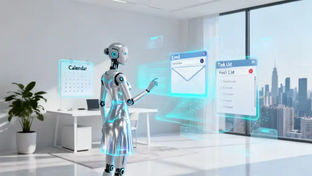 Futuristic digital interface of an AI personal assistant enhancing productivity