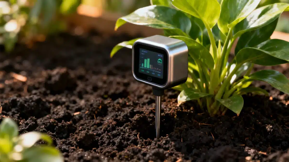 AI-powered plant sensor monitoring soil conditions and plant health