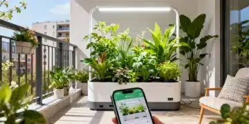 Automated indoor garden setup with smart planters and grow lights in an urban apartment