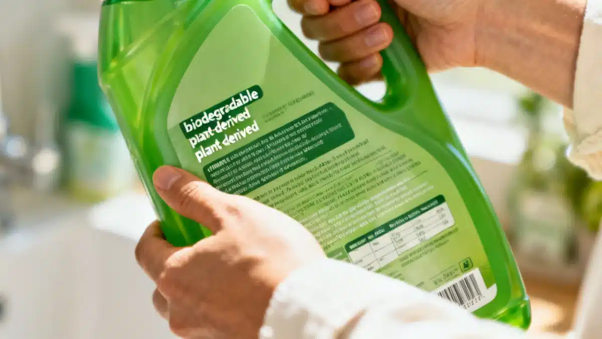 Person examining biodegradable ingredients label on a green cleaning product bottle.