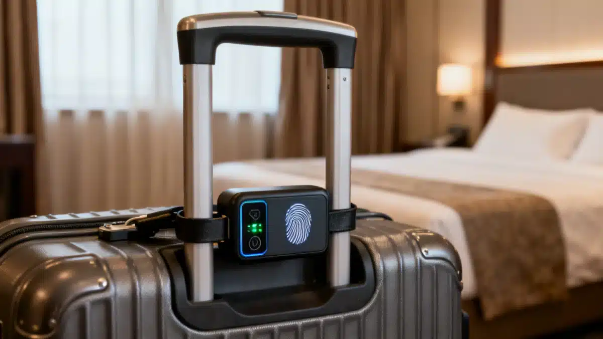 Portable biometric lock securing luggage, demonstrating enhanced travel security.
