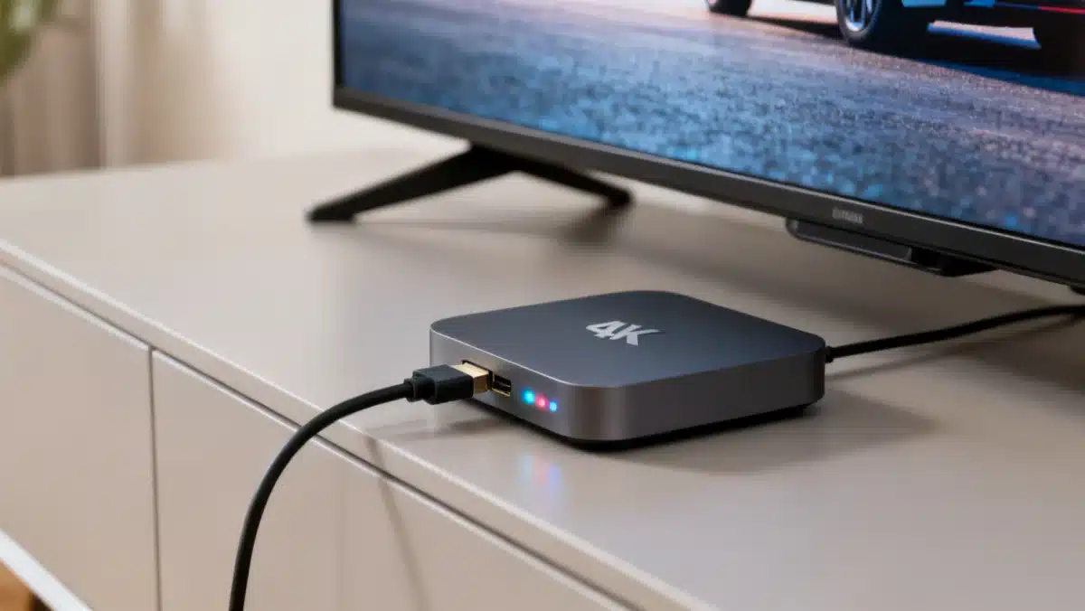 Compact 4K streaming device connected to a television