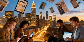 Stylishly designed newsletter covers on digital devices in a modern US city setting.