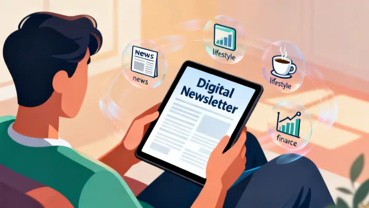 Person engaging with diverse newsletter content on a tablet