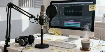 Efficient podcast production studio with microphone and editing software