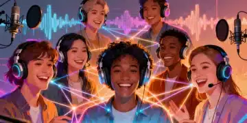 Engaged podcast listeners interacting virtually, forming a strong community.