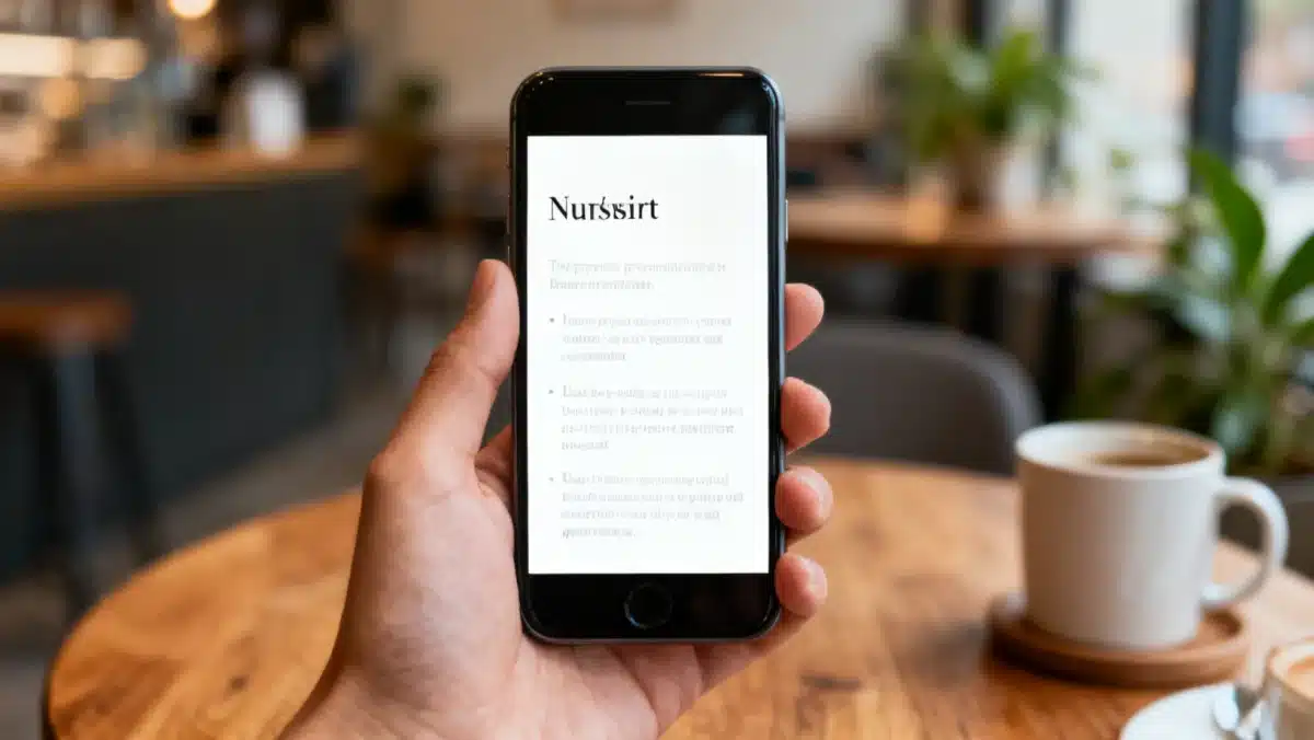 Hand holding smartphone displaying a minimalist, engaging newsletter design.