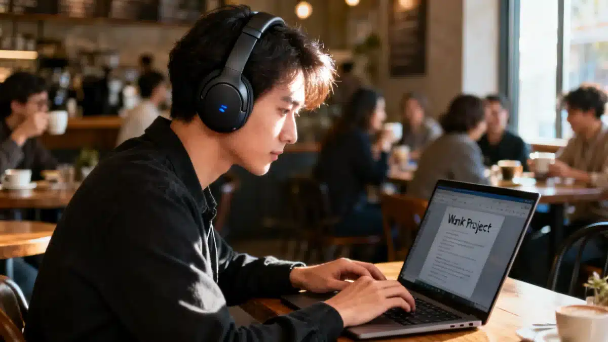 Person focused with noise-cancelling headphones in a busy cafe