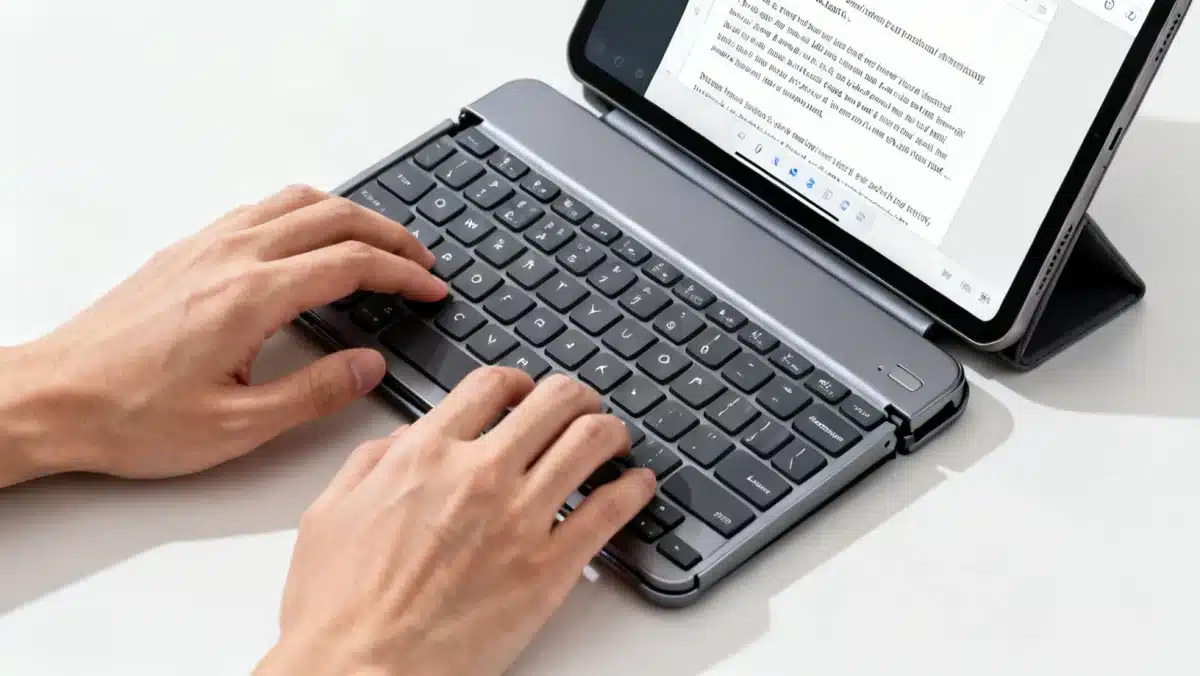 Person typing on a foldable Bluetooth keyboard with a tablet
