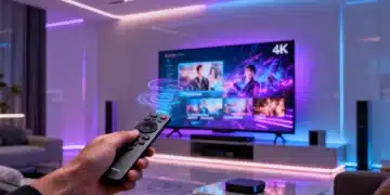 Futuristic living room with 4K TV and advanced streaming device
