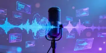 Futuristic microphone with evolving sound waves, symbolizing the future of audio content and podcast innovation.
