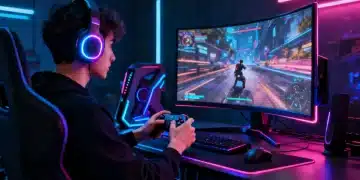 Futuristic gaming setup with advanced controller, headset, and curved monitor.