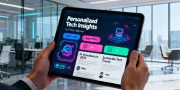 Futuristic newsletter design on a tablet, showcasing interactive visuals and personalized content for 2026 trends.