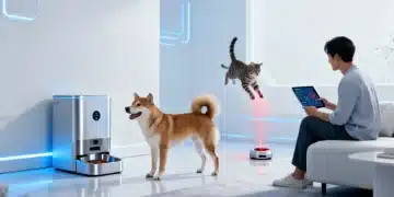 Smart pet feeder with a dog, automated laser toy with a cat, and a pet owner checking health on a tablet, illustrating the 2026 pet tech revolution.