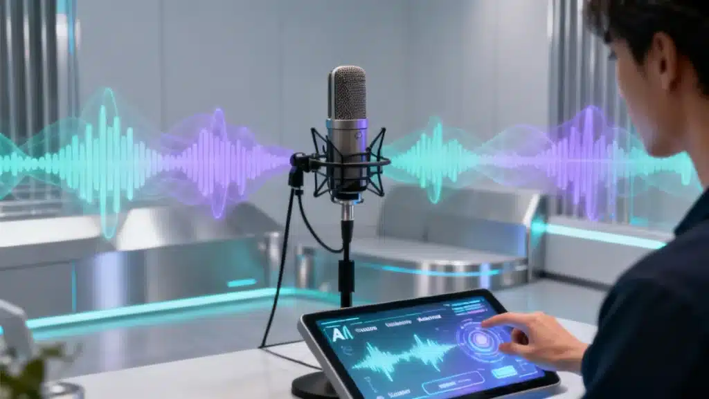 Futuristic podcast studio with voice AI interfaces
