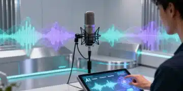 Futuristic podcast studio with voice AI interfaces