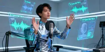 Futuristic podcast studio with AI voice generation technology and human interaction.