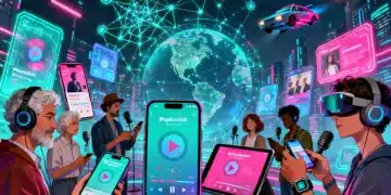 Futuristic podcasters engaging with global audience on digital platforms