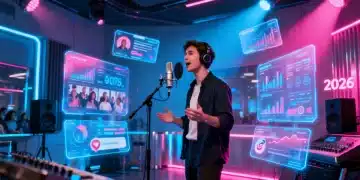 Futuristic podcast studio with host, microphone, and digital growth analytics displays for 2026 audience expansion.