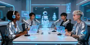 Futuristic podcast studio with advanced AI and holographic interfaces, symbolizing podcast tech innovation.