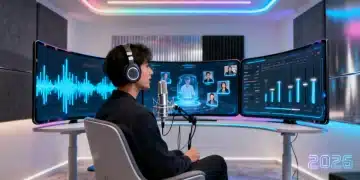 Futuristic remote recording studio setup with professional microphone and headphones