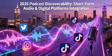 Digital sound waves connecting podcast microphones with social media icons on a futuristic city background.