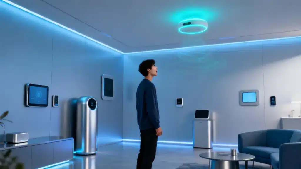 Futuristic smart home interior with integrated voice control technology