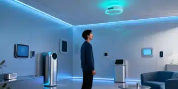 Futuristic smart home interior with integrated voice control technology