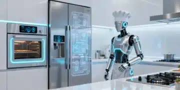 Futuristic kitchen with integrated smart appliances, showcasing advanced technology and seamless design.