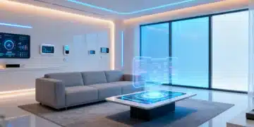 Futuristic smart living room with integrated technology and holographic displays