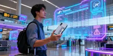 Futuristic traveler with innovative travel gadgets in a modern airport setting, highlighting convenience and security.