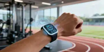 Futuristic wearable fitness device displaying personalized health data on a holographic screen