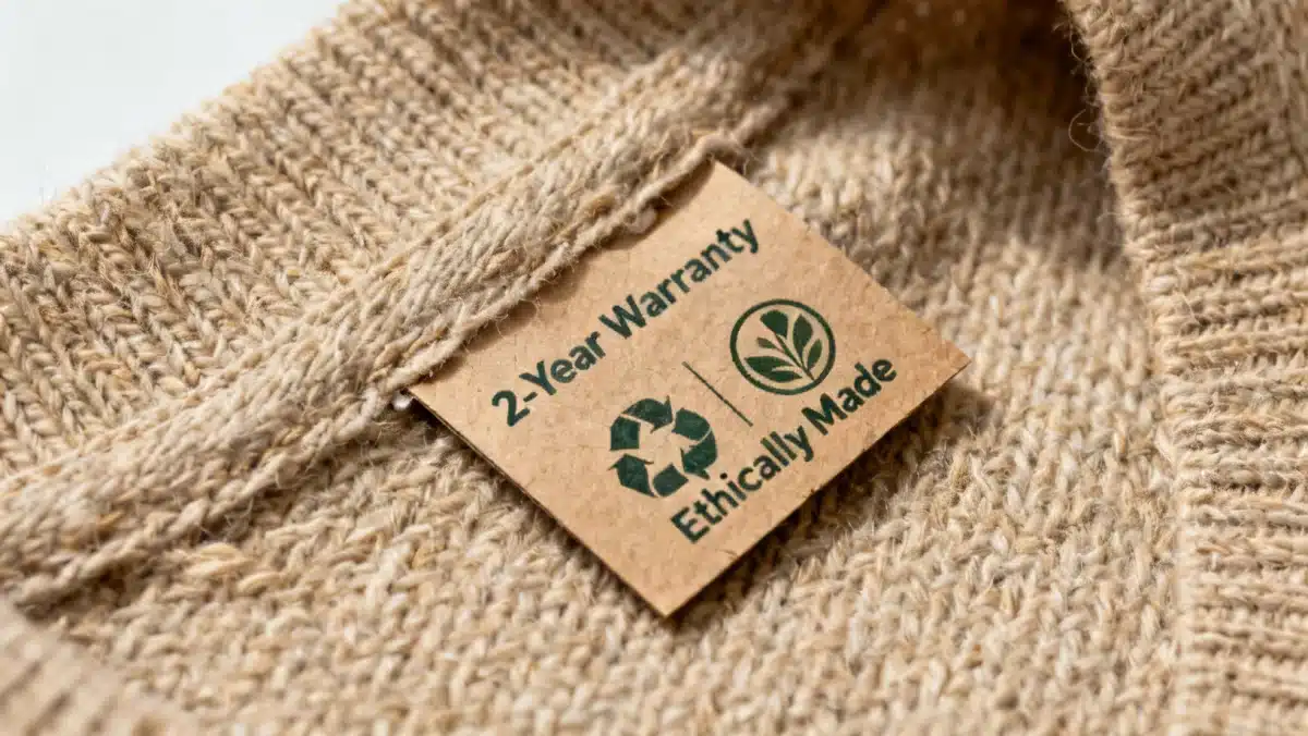 Close-up of a sustainable fashion garment tag displaying a 2-year warranty and ethical production.