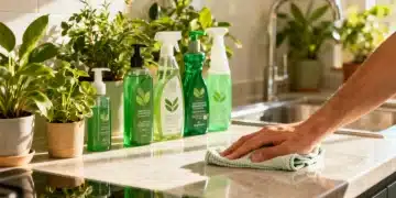 Eco-friendly cleaning products in a modern kitchen, illustrating green cleaning solutions.