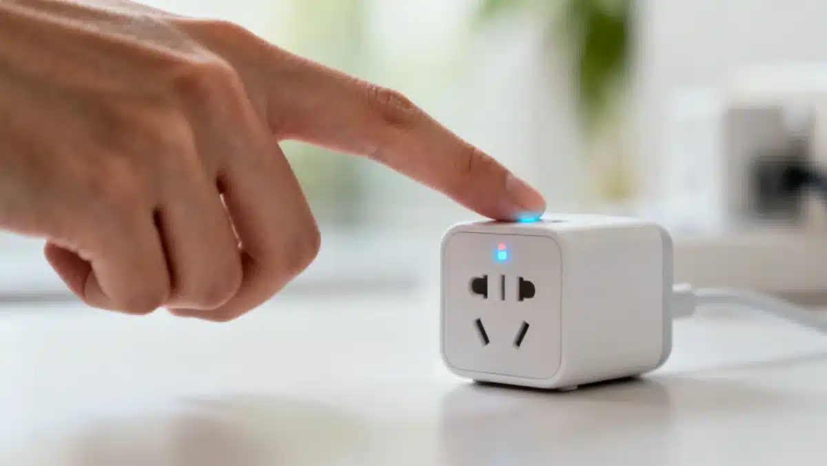 Hand plugging in a compact smart plug into a wall outlet