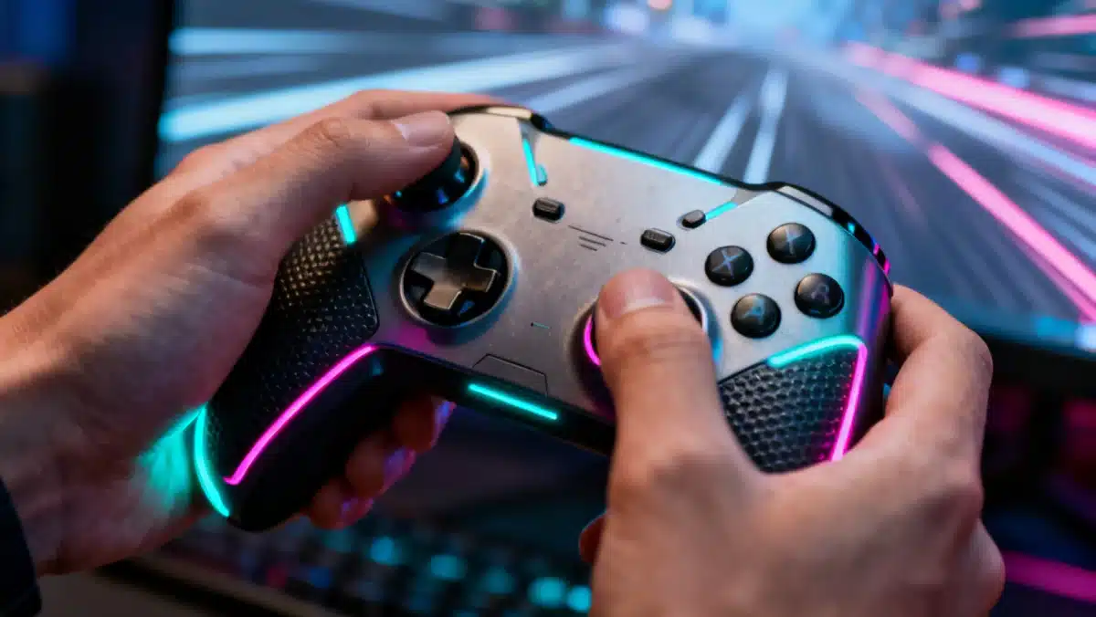 Gamer's hands on an advanced haptic feedback controller for enhanced precision.