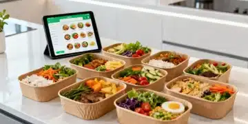 Colorful healthy meals in sustainable packaging on a kitchen counter with delivery app