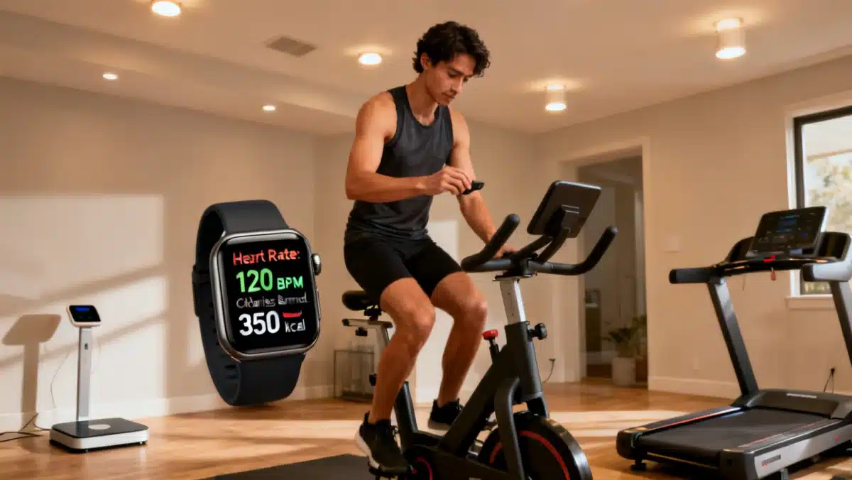 Person tracking heart rate with a smartwatch during home exercise