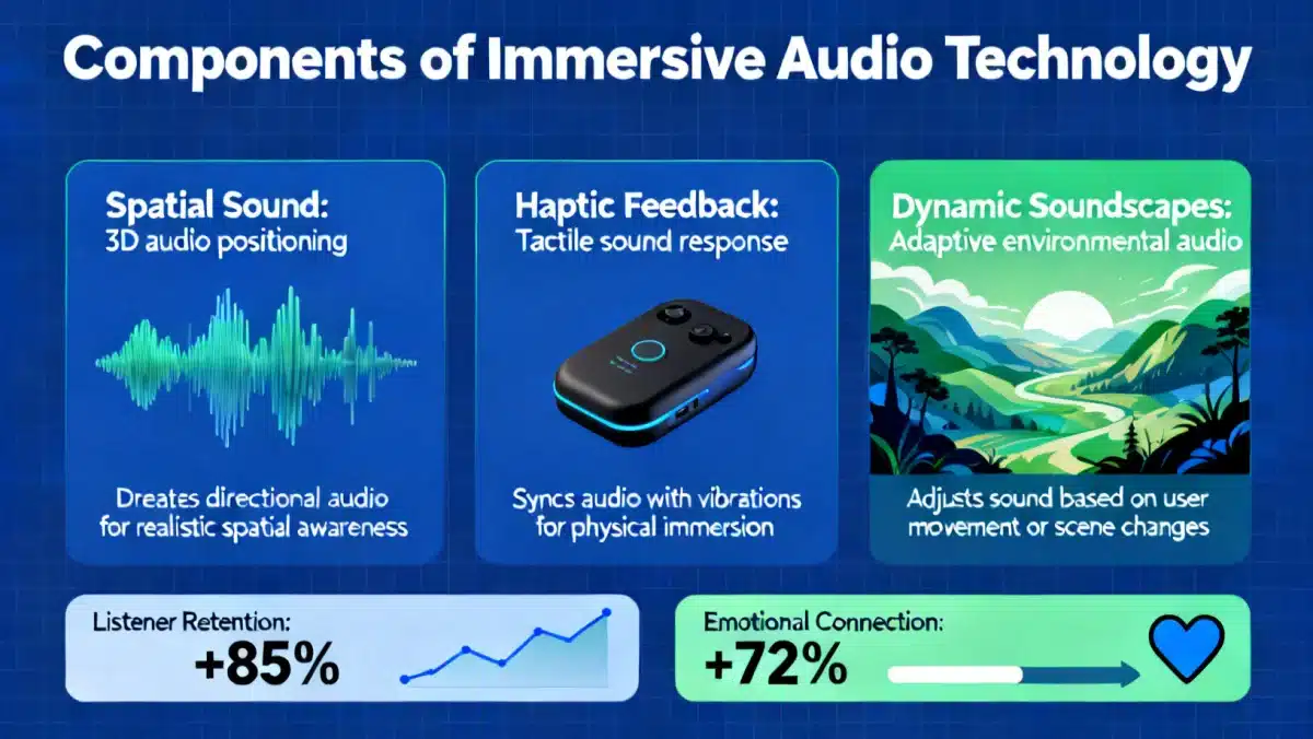 Infographic showing immersive audio technology components and listener retention benefits.