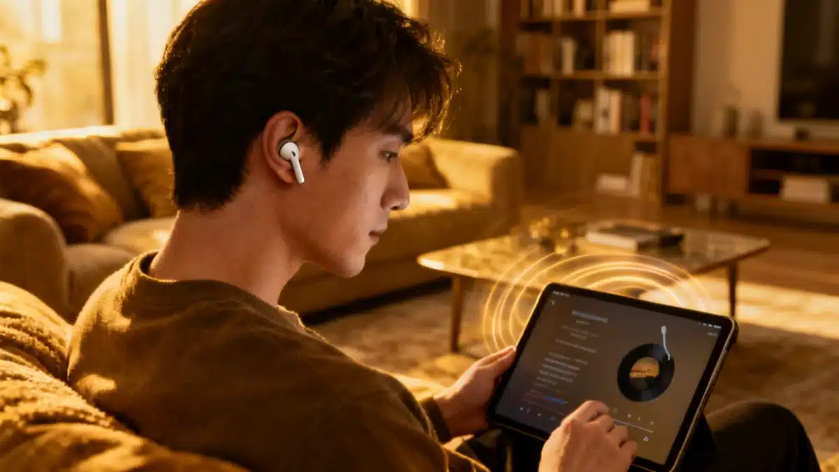 Person listening to a podcast on a tablet with wireless earbuds, showing immersive audio engagement.