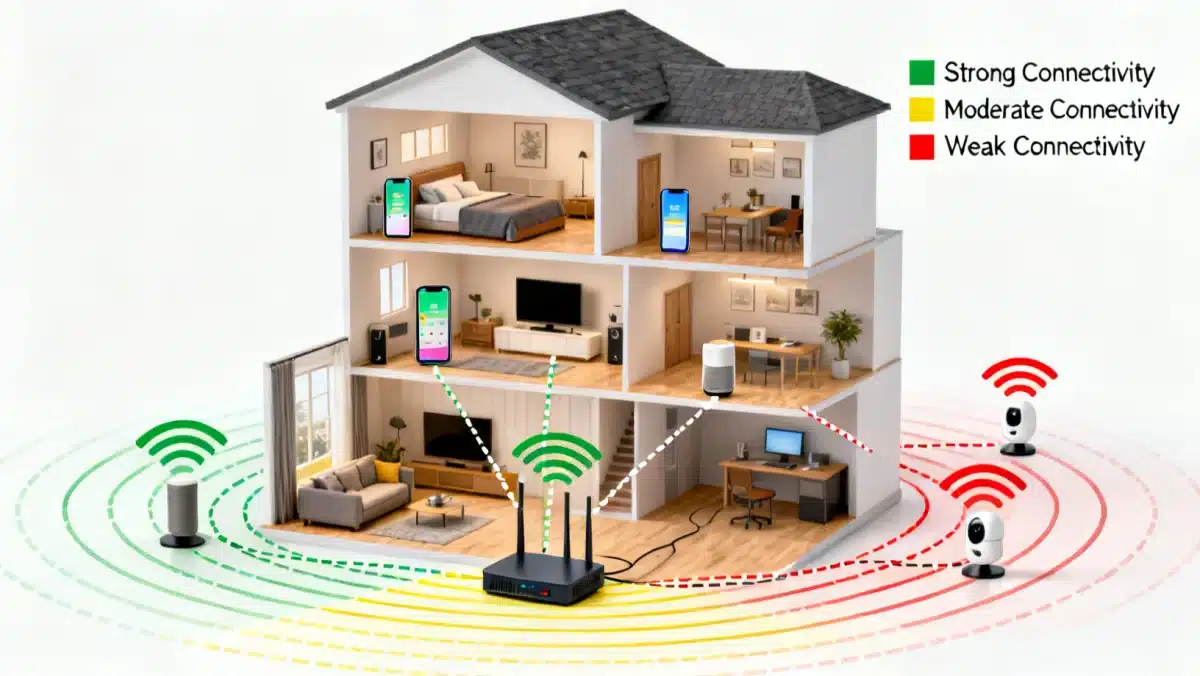 Diagram of a mesh Wi-Fi network covering a multi-story home for optimal smart device connectivity.