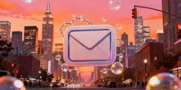 Stylized email icon with connected bubbles, US city skyline, representing micro-newsletter growth.