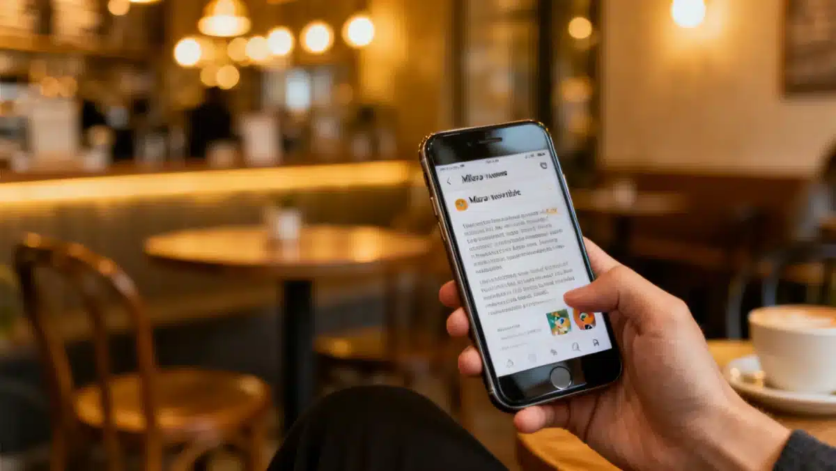 Smartphone displaying micro-newsletter in a cafe, personal connection.
