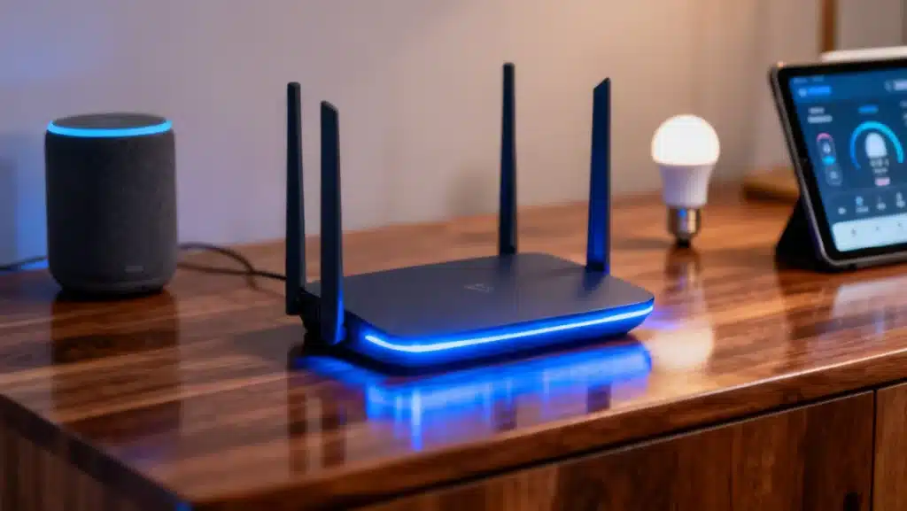 Modern Wi-Fi router with smart home devices in a connected living room.