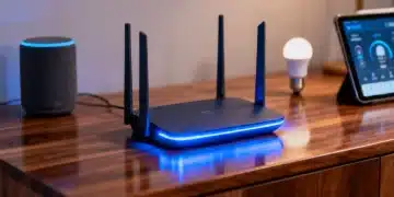 Modern Wi-Fi router with smart home devices in a connected living room.