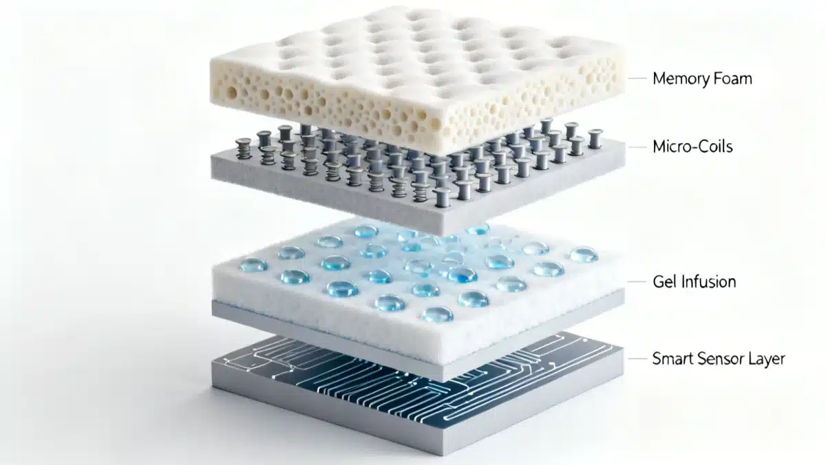 Detailed cross-section of a multi-layered innovative mattress