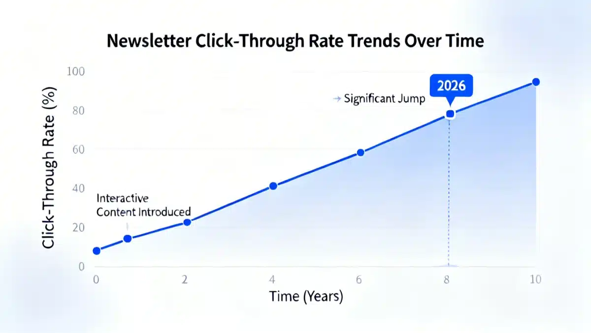 Graph illustrating a substantial rise in US newsletter click-through rates after implementing interactive elements, peaking in 2026.