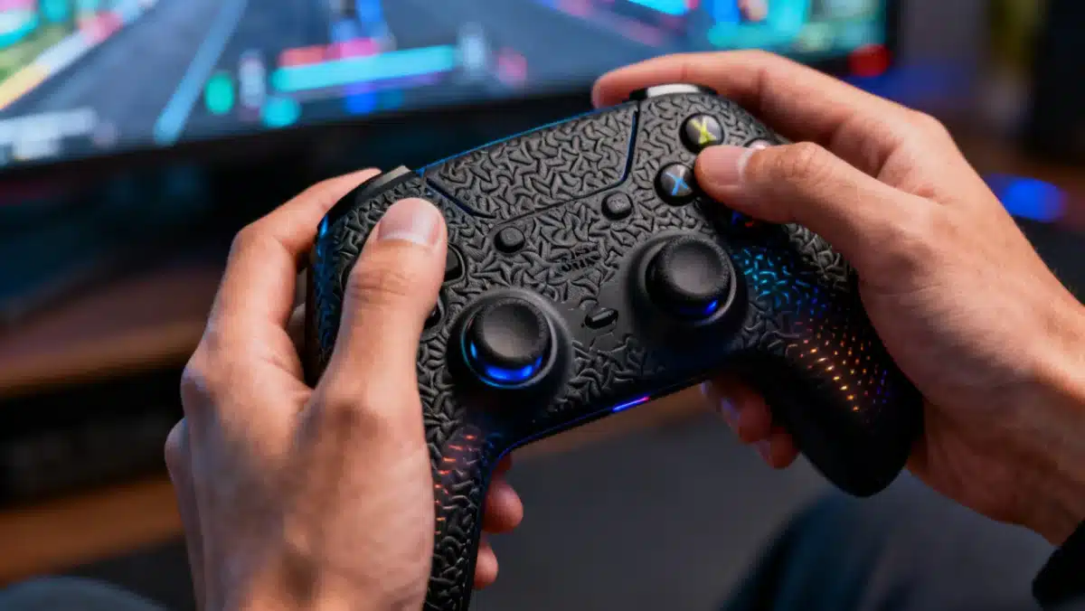 Gamer holding next-gen haptic feedback controller with adaptive triggers