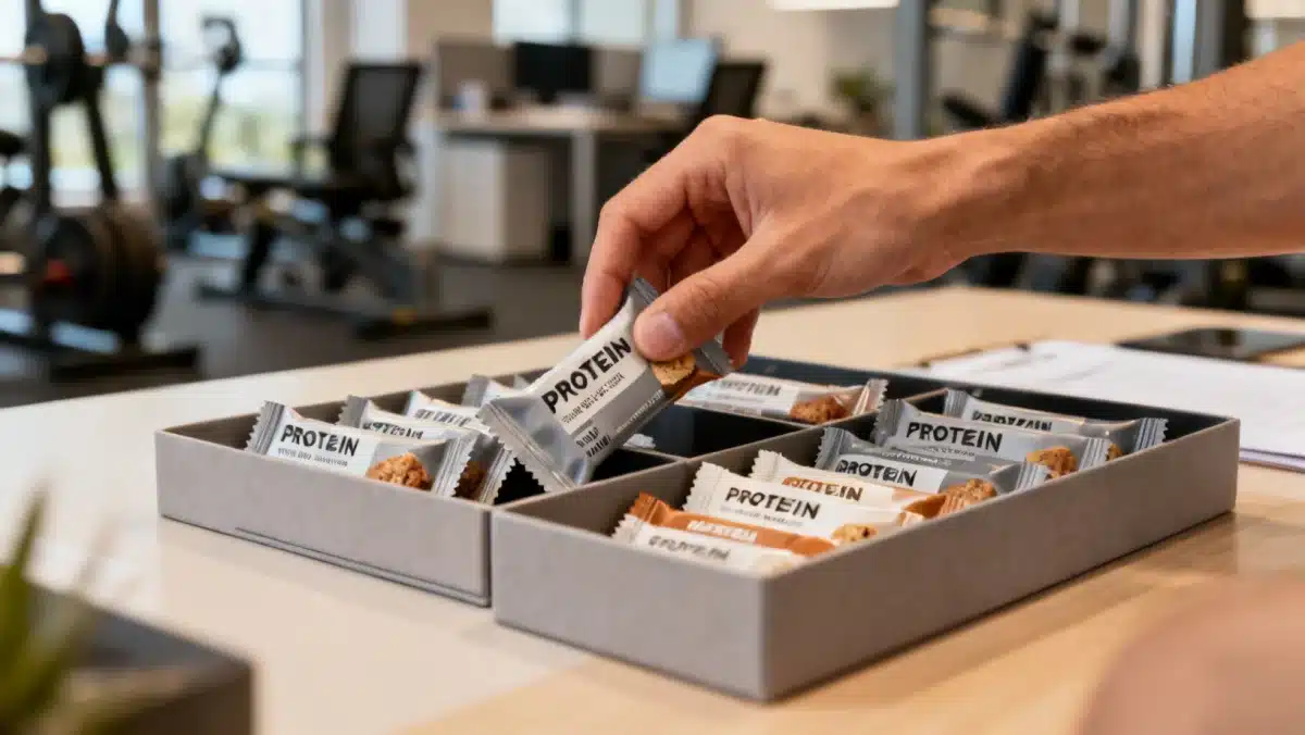 Person grabbing a protein snack from a healthy selection, highlighting convenience.
